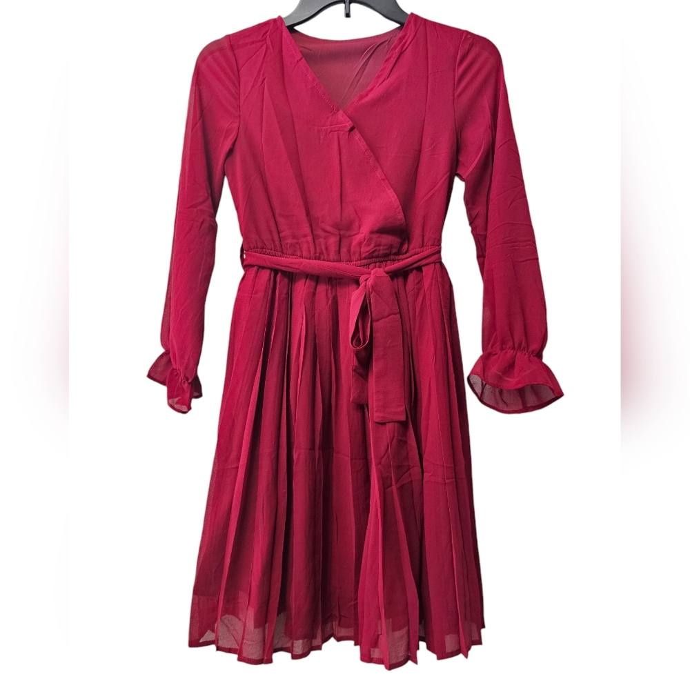NWT Happy Baby Burgundy Surplice Dress with Pleated Skirt Kids Size 150 or US 12